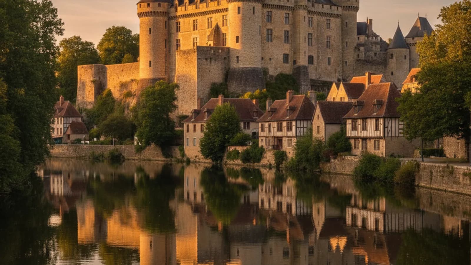 Vue du Château de Laval se reflétant dans la Mayenne, avec des maisons anciennes sur les rives sous un ciel clair.