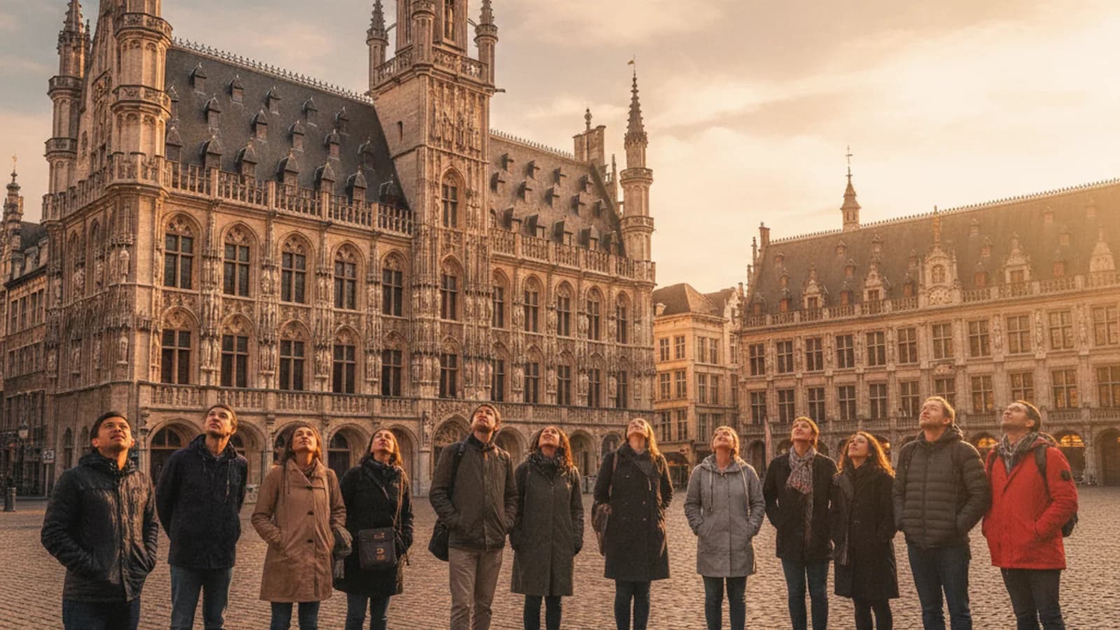 Un groupe de personnes observant l'Hôtel de Ville de Louvain, un chef-d'œuvre gothique, sous un ciel lumineux.