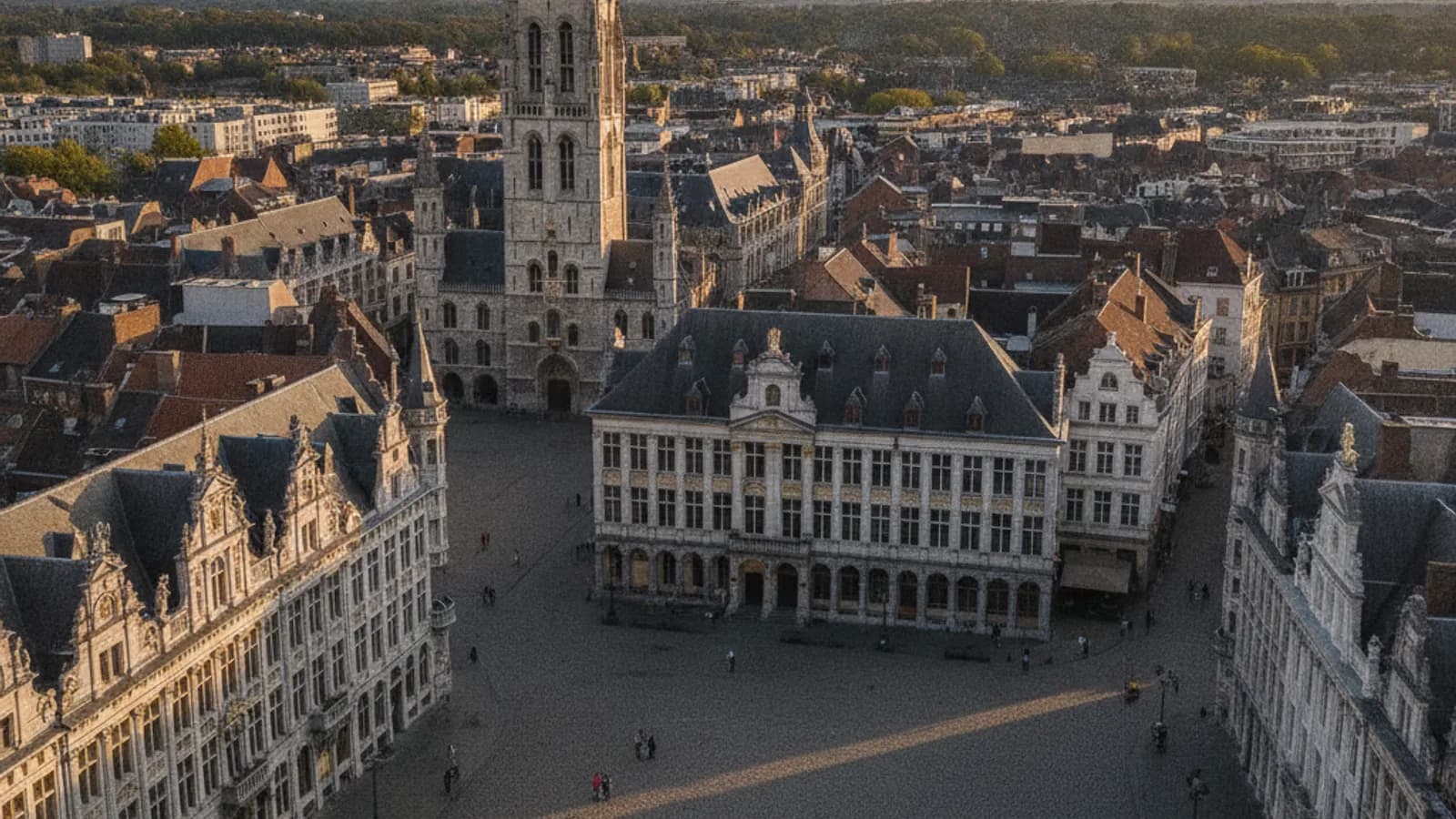Vue aérienne de la Grand-Place de Mons avec son architecture historique et le Beffroi en arrière-plan, sous un ciel légèrement nuageux