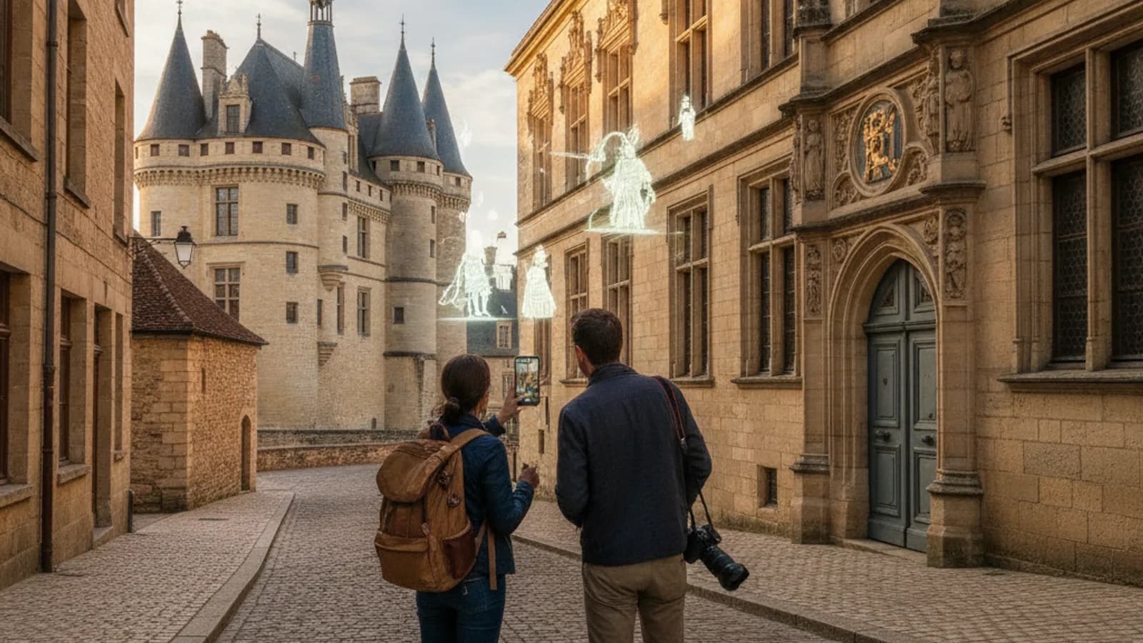 Deux personnes explorant une rue ancienne de Pau, l'une tenant un smartphone pointé vers une façade ornée, comme si elle interagissait avec de la réalité augmentée, avec le château de Pau en arrière-plan sous un ciel clair.