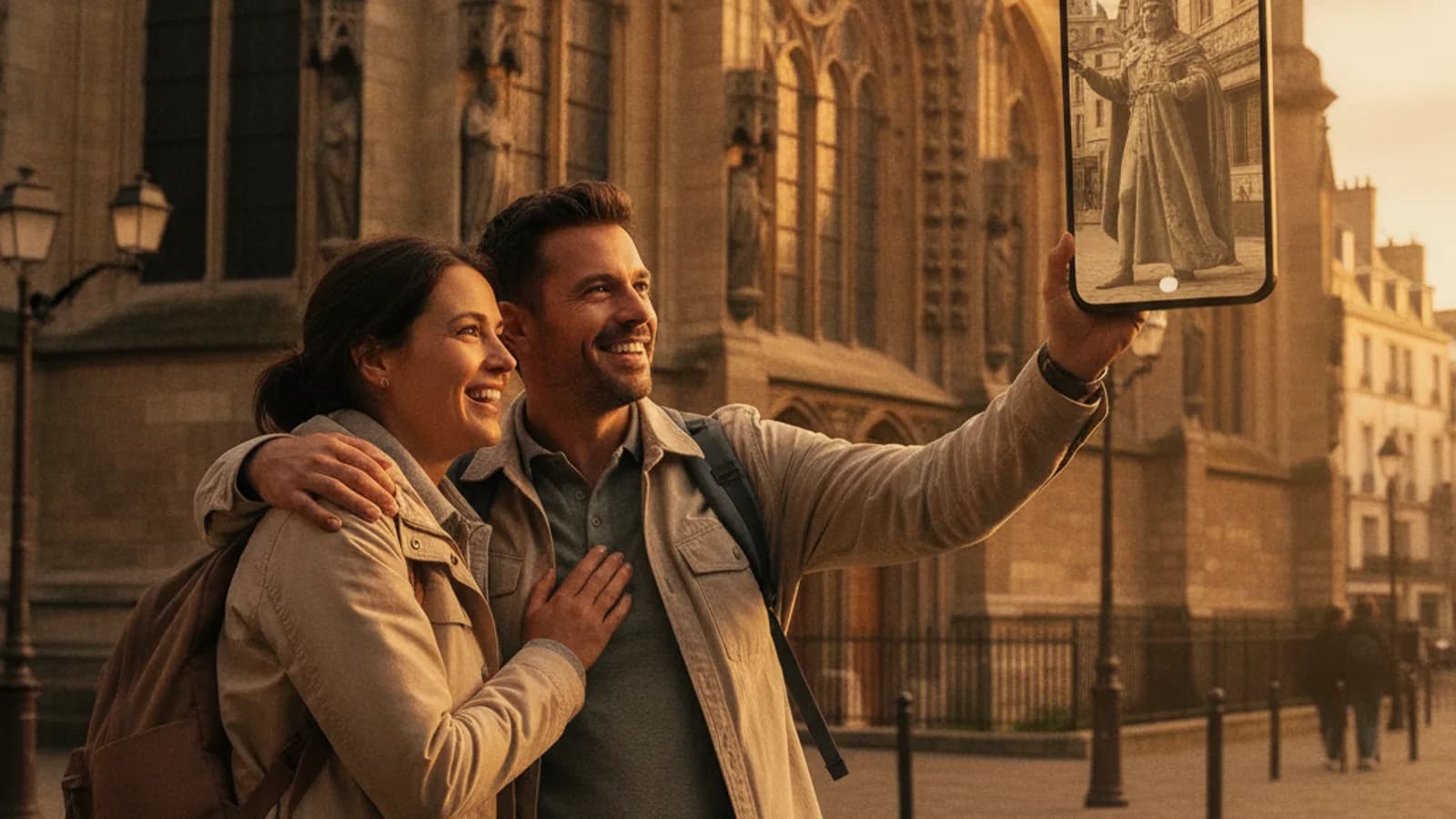 Deux personnes souriantes, un smartphone à la main, pointant vers une façade ancienne de Saint-Denis, un personnage historique apparaissant en surimpression à l'écran.