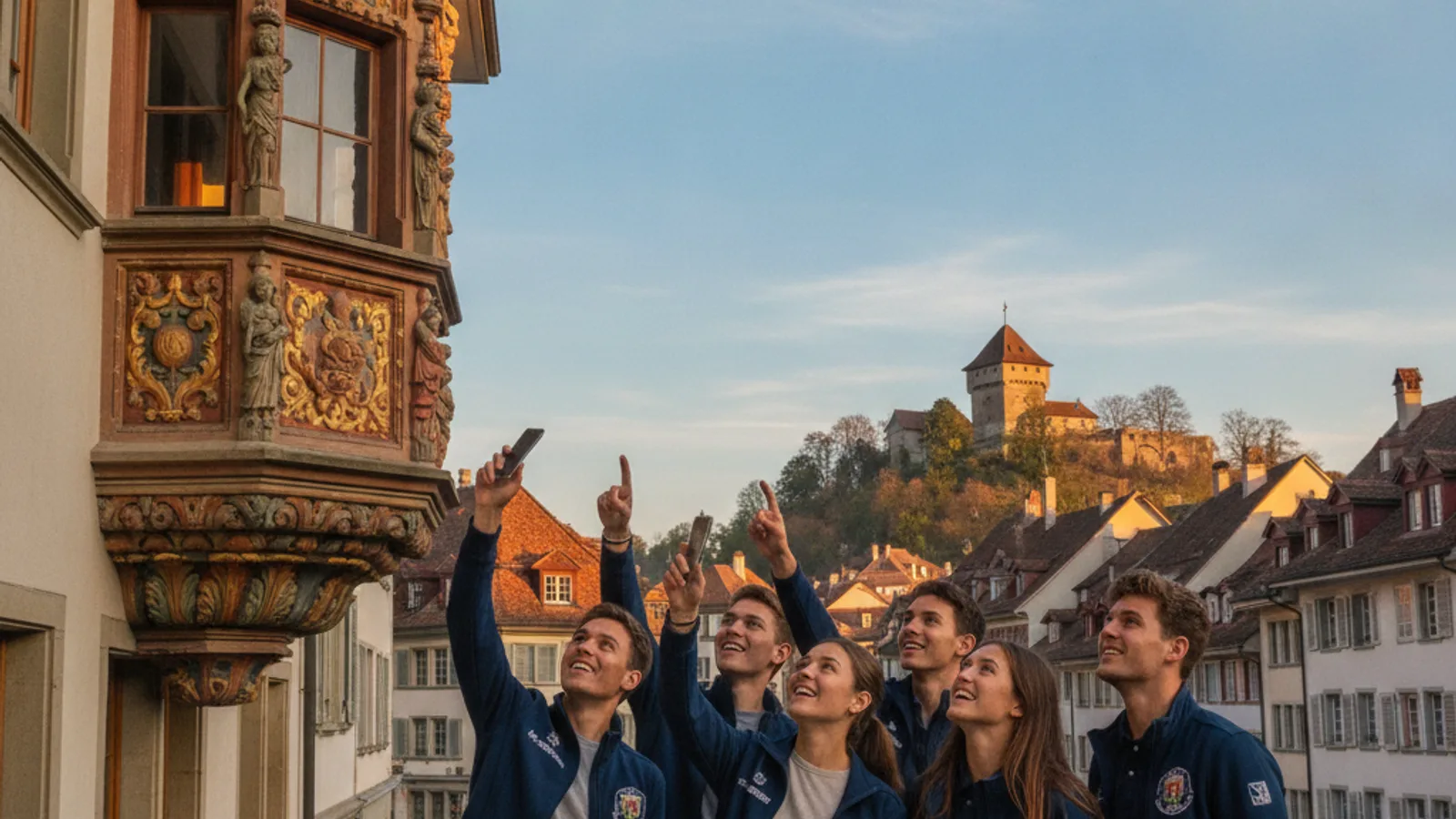 Une équipe de joueurs souriants pointant un téléphone vers un oriel richement décoré d'une maison historique à Schaffhouse, avec la vieille ville en arrière-plan sous un ciel clair.