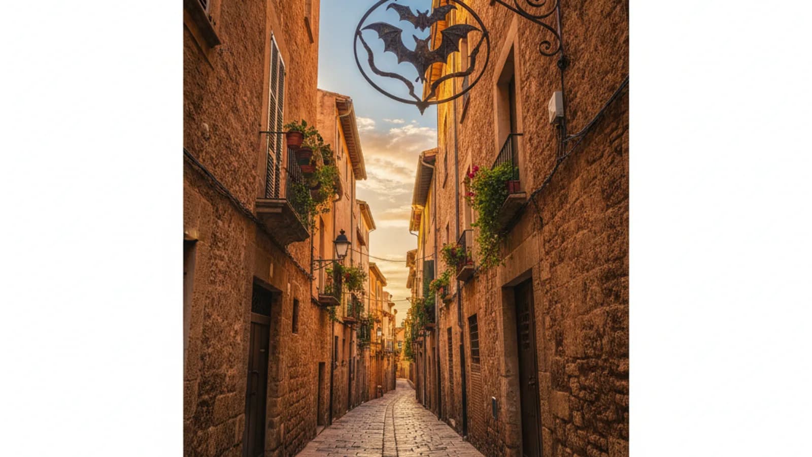 Vue d'une ruelle pavée de Valence, avec des façades en pierre et une enseigne ancienne en fer forgé, sous un ciel bleu.