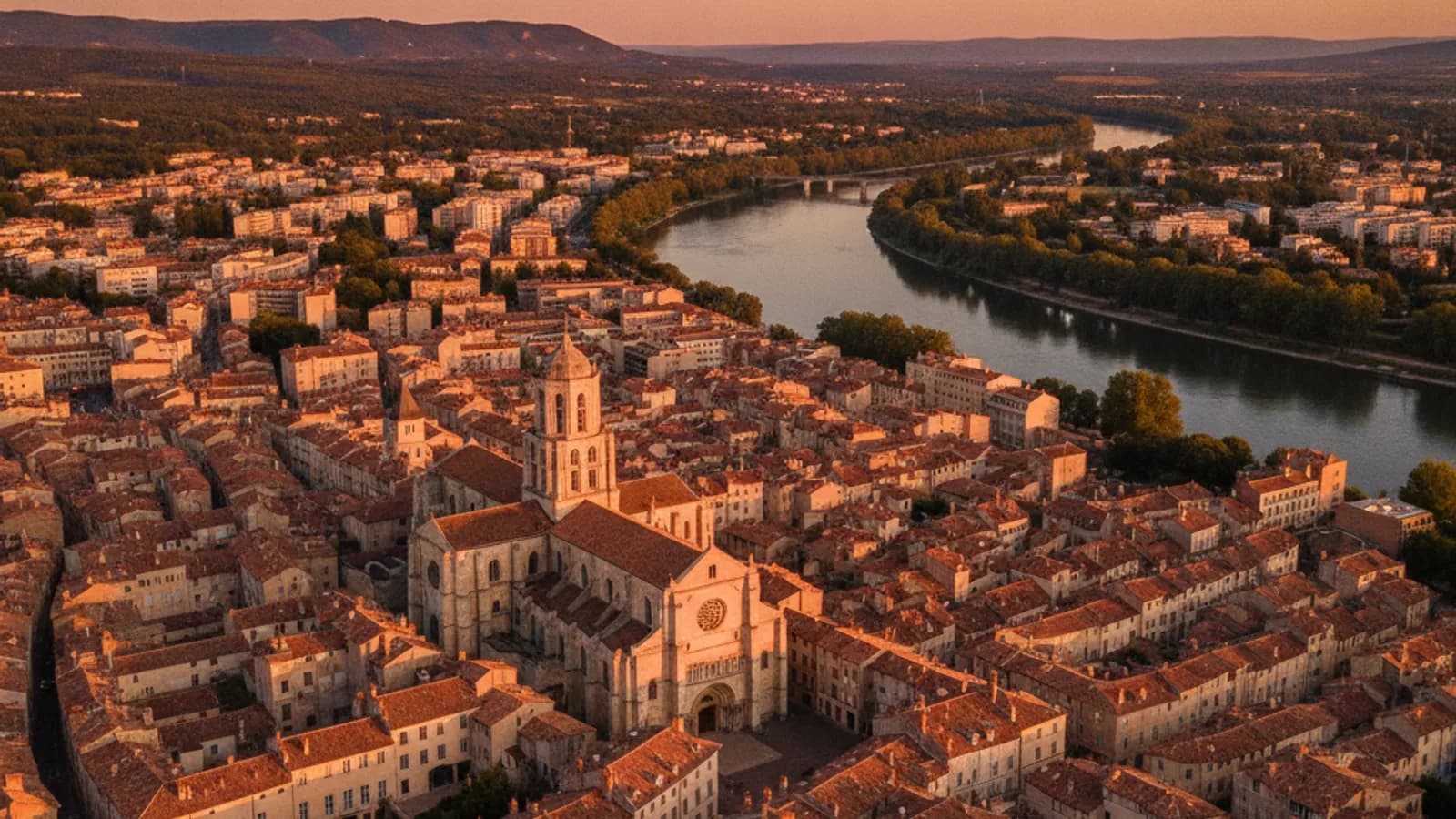 Vue aérienne du centre historique de Valence avec la Cathédrale Saint-Apollinaire et le Rhône en arrière-plan sous un ciel clair.