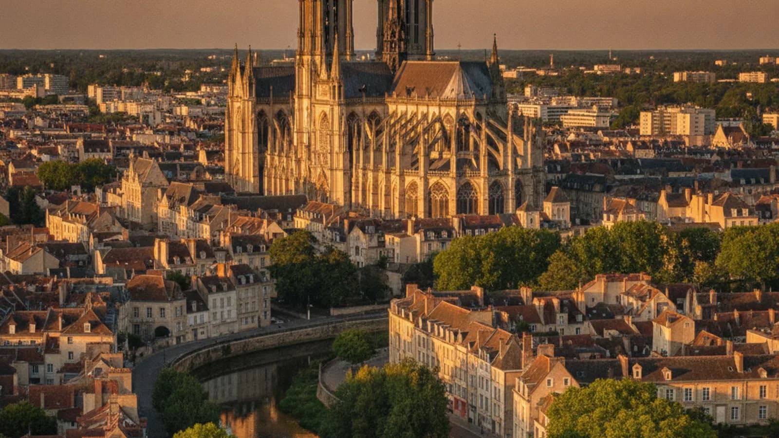 Vue aérienne du quartier Saint-Leu à Amiens, avec ses maisons colorées le long des canaux et la Cathédrale Notre-Dame en arrière-plan sous un ciel clair.