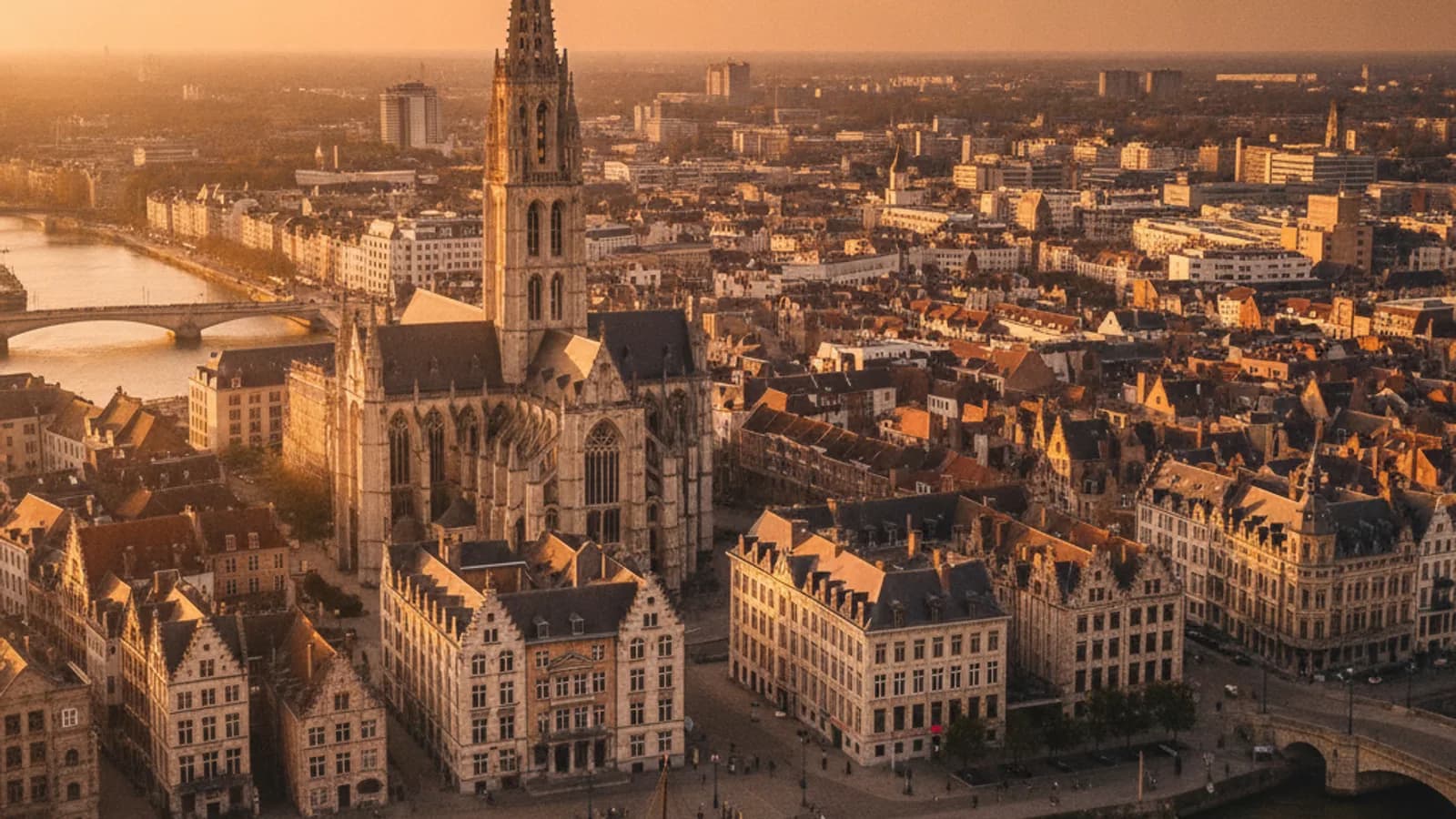 Vue panoramique sur l'Hôtel de ville d'Anvers et la Grand-Place, avec des façades de maisons guildes richement décorées sous un ciel clair.
