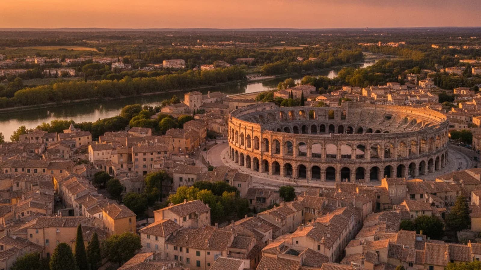 Vue aérienne d'Arles avec l'amphithéâtre romain, les Arènes, au premier plan, entouré de toits ocres et du Rhône en arrière-plan sous un ciel bleu méditerranéen.