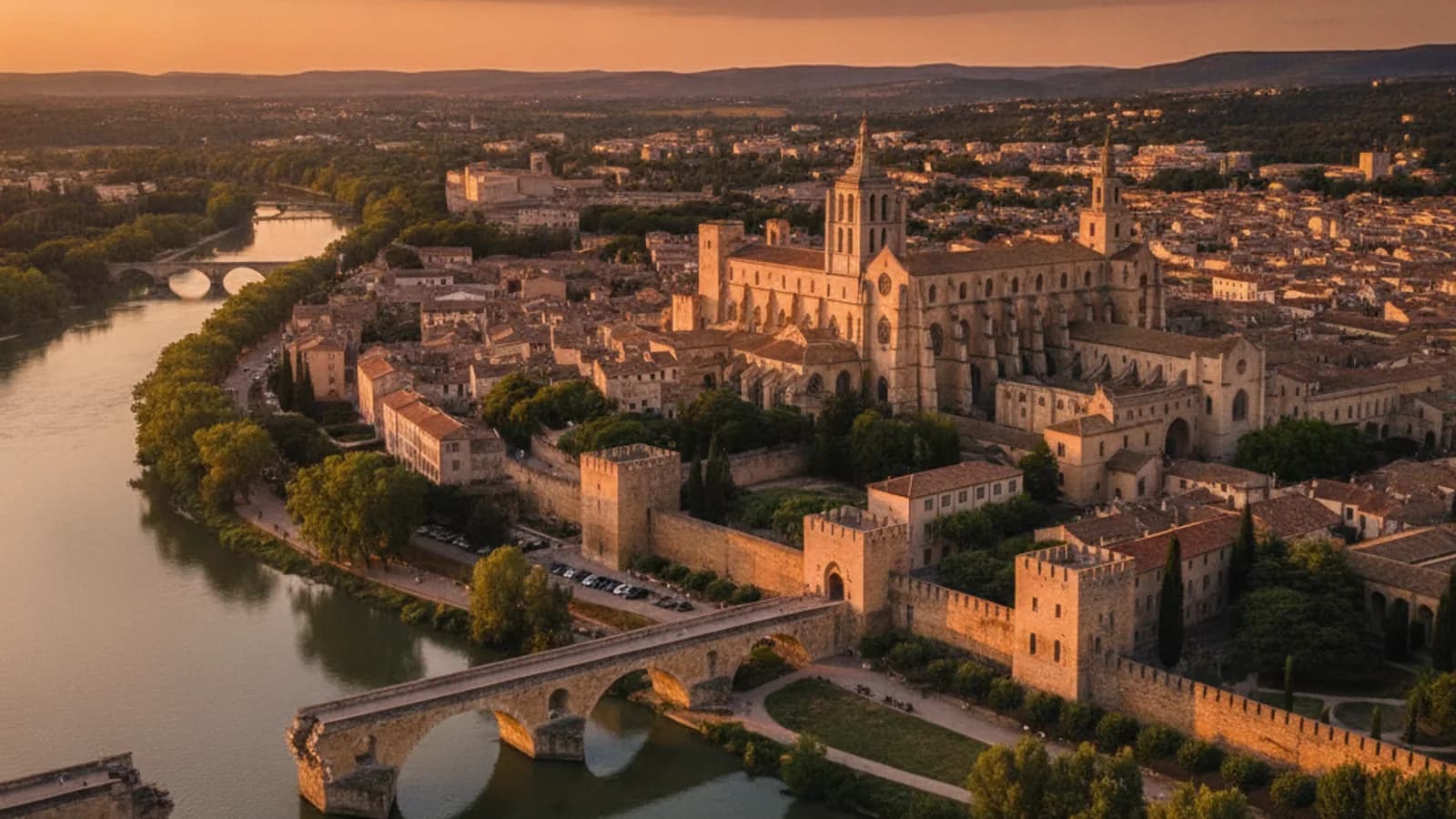 Vue panoramique sur Avignon, montrant le Palais des Papes et le Pont Saint-Bénézet sous un ciel ensoleillé, avec le Rhône en arrière-plan.