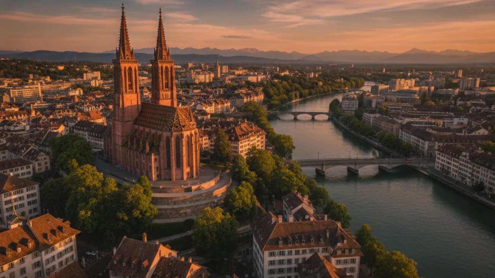 Vue panoramique de la Vieille Ville de Bâle, avec la Cathédrale aux toits colorés surplombant le Rhin et ses ponts, sous un ciel clair.