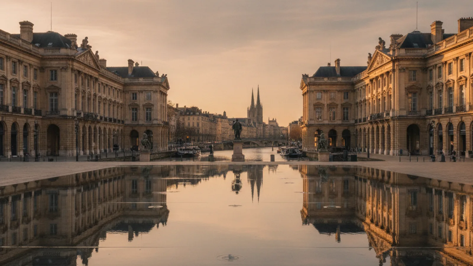 Vue panoramique de la Place de la Bourse de Bordeaux avec le Miroir d'eau reflétant les façades classiques du XVIIIe siècle, sous un ciel nuageux.