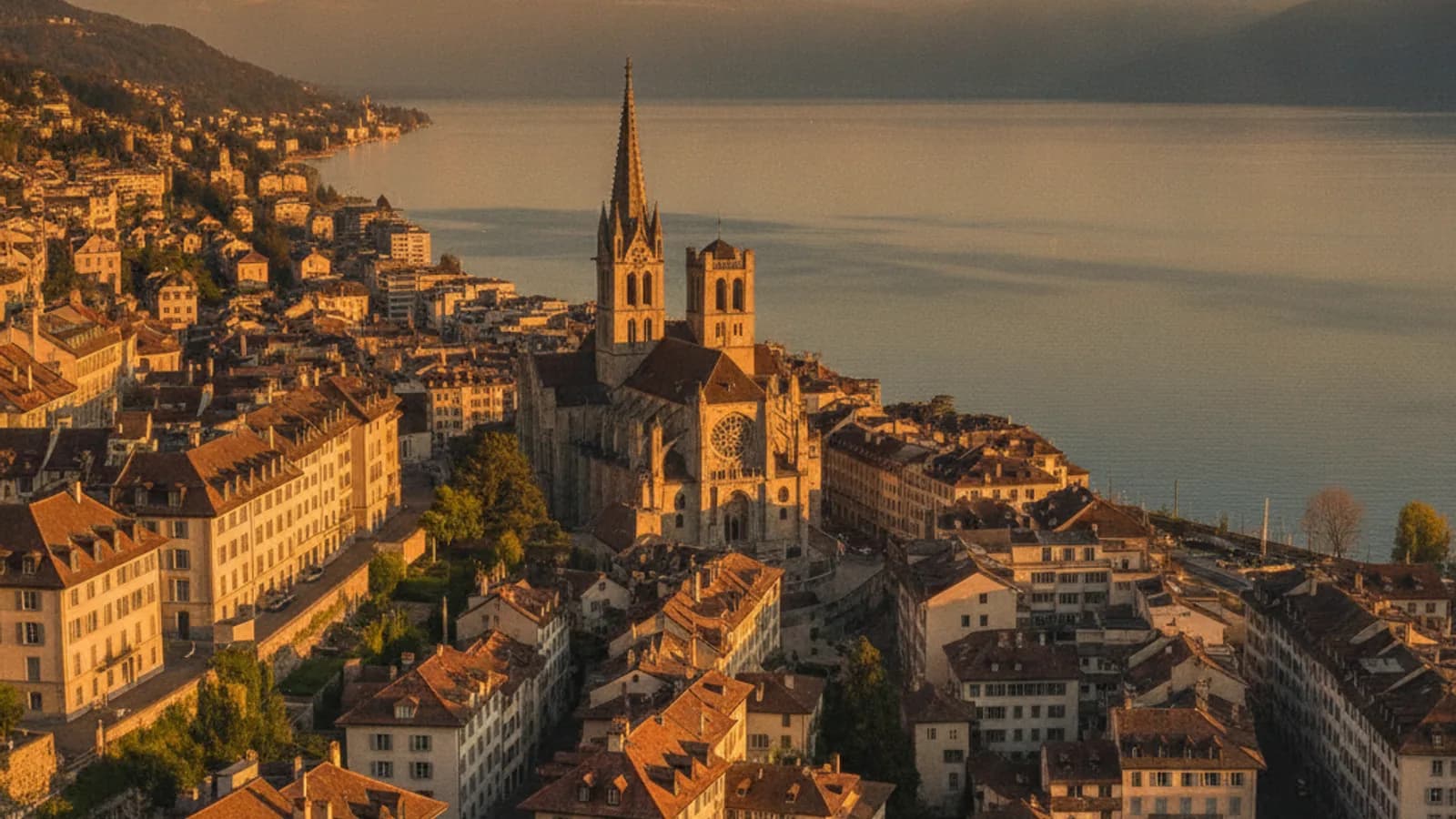 Vue panoramique de Lausanne au coucher du soleil, avec la Cathédrale Notre-Dame se dressant au-dessus des toits, le Léman en arrière-plan et les Alpes suisses.