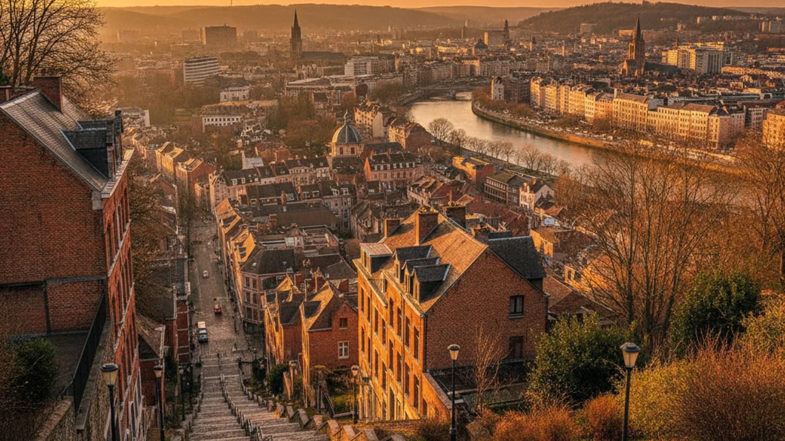 Vue panoramique de Liège depuis les hauteurs, avec la Meuse, les toits de la ville et la Montagne de Bueren visible au premier plan, sous un ciel légèrement nuageux.