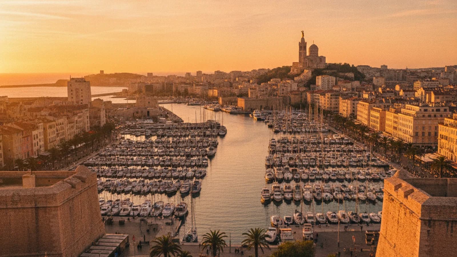 Vue panoramique du Vieux-Port de Marseille, avec le Fort Saint-Jean et Notre-Dame de la Garde en arrière-plan, sous un ciel bleu méditerranéen.