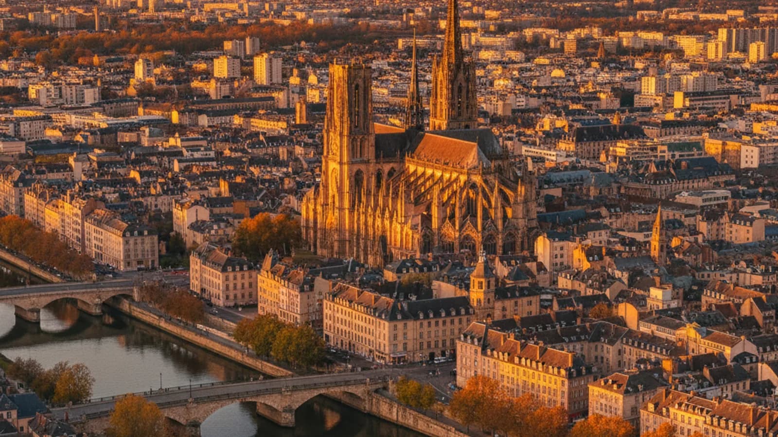 Vue aérienne de Metz, montrant la Cathédrale Saint-Étienne et le Centre Pompidou-Metz, illustrant le mélange d'histoire et de modernité.
