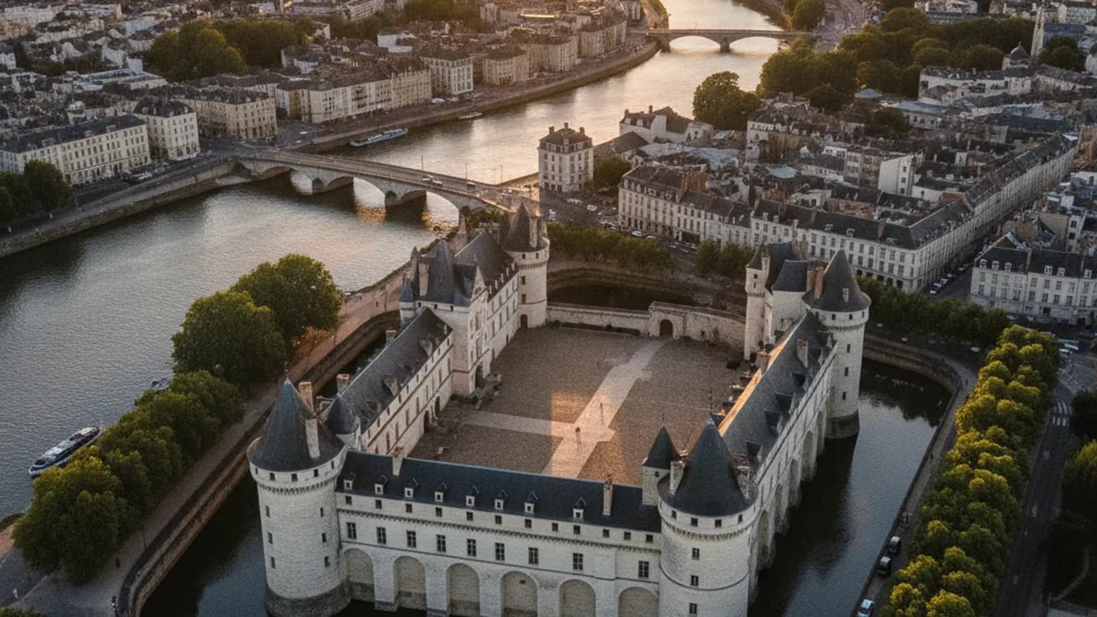 Vue panoramique de Nantes au coucher du soleil, avec le Château des ducs de Bretagne en premier plan, la Cathédrale Saint-Pierre-et-Saint-Paul et les toits de la ville.