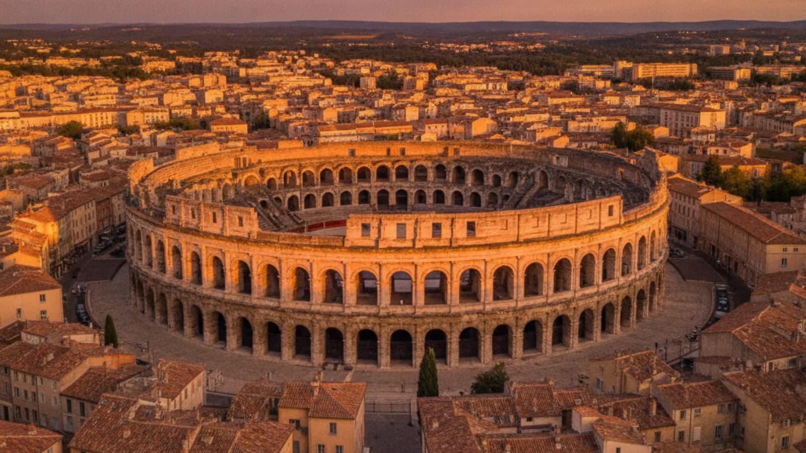 Vue panoramique des Arènes de Nîmes avec le ciel bleu.