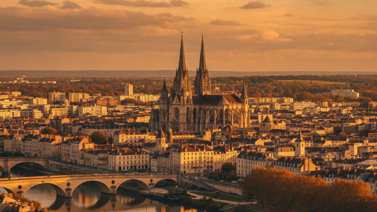 Vue aérienne d'Orléans, avec la Cathédrale Sainte-Croix et la Loire, sous un ciel légèrement nuageux.