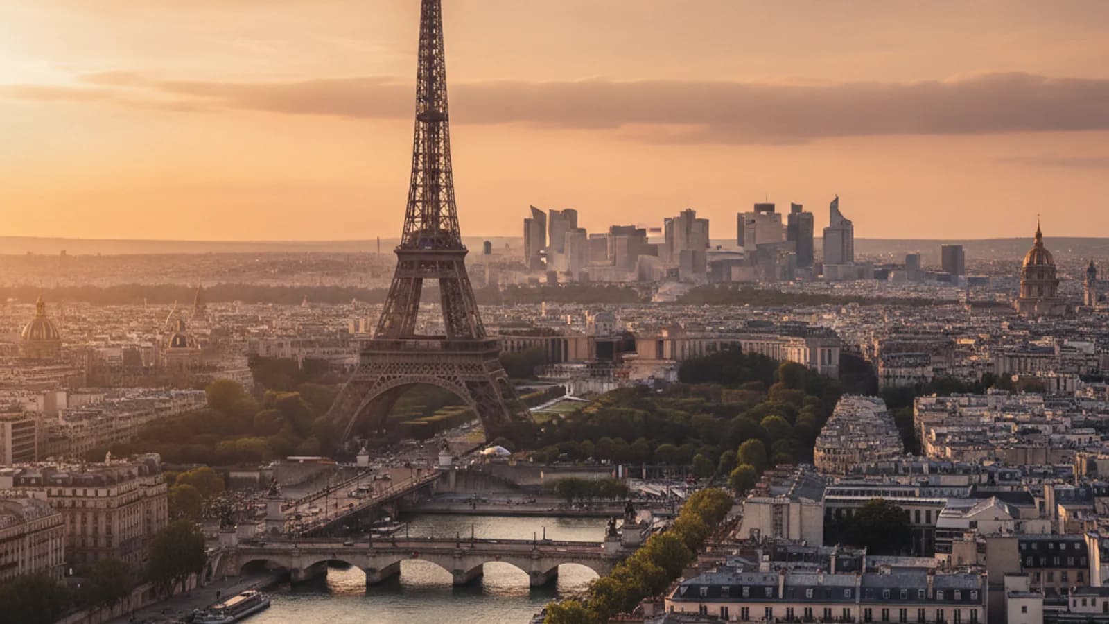 Vue panoramique de Paris au crépuscule, avec la Tour Eiffel illuminée, la Seine et les toits typiques de la ville, invitant à la découverte.