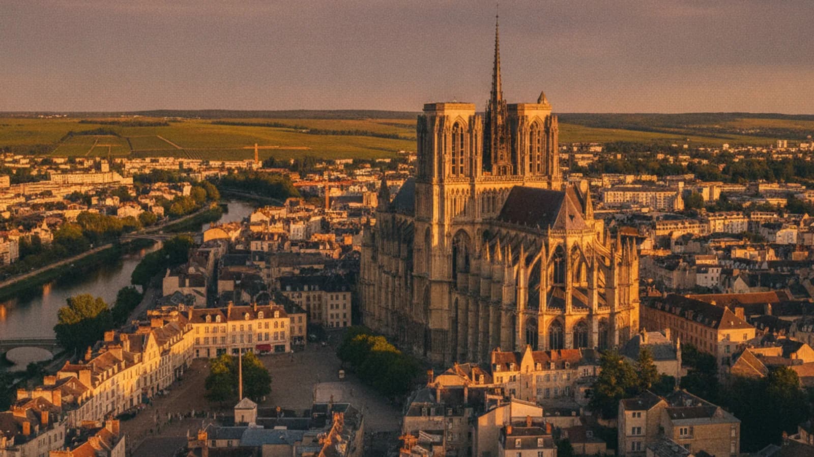Vue panoramique sur la Cathédrale Notre-Dame de Reims avec ses tours gothiques, sous un ciel dégagé, et des toits de bâtiments environnants au premier plan.