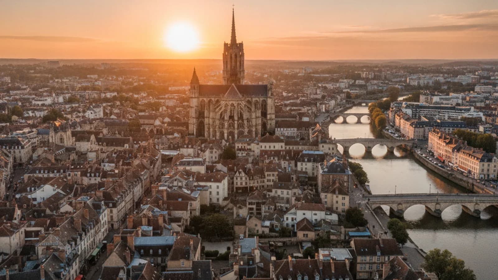 Vue panoramique sur les toits de Rouen, avec la Cathédrale Notre-Dame et le Gros-Horloge se détachant sous un ciel nuageux.
