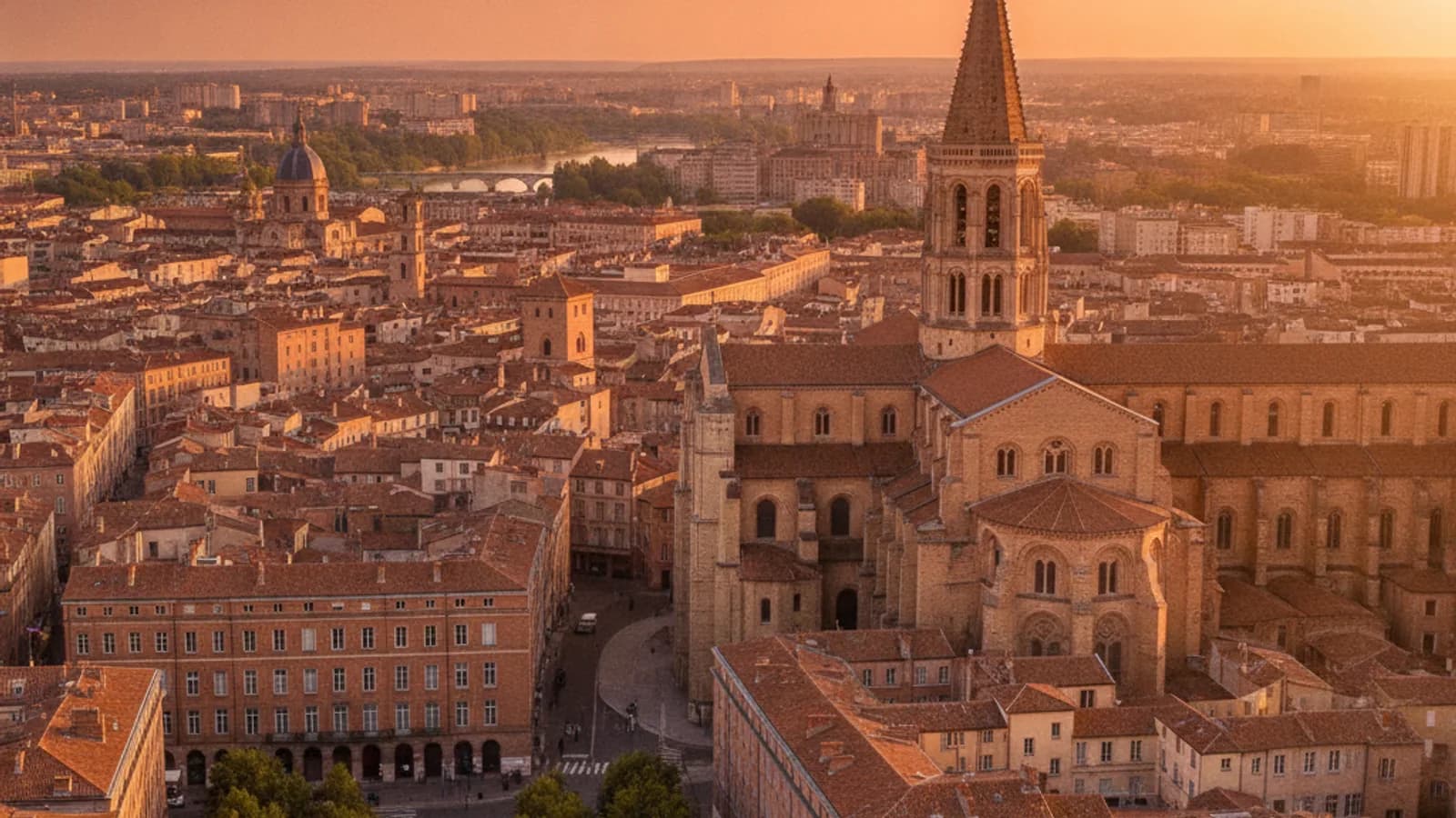 Vue panoramique de la Garonne et du Pont-Neuf à Toulouse au coucher du soleil, avec les briques roses emblématiques de la ville.